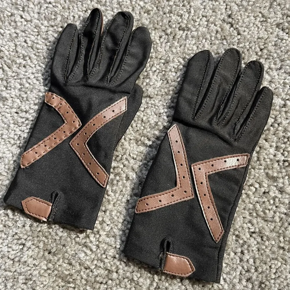 VTG Brown Faux Leather Driving Gloves Stretch Knit Retro Moto